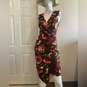 Venus~Vibrant~Floral~Faux Ruched Wrap~Asymmetrical Hem~Sheath~Mini~Dress~Size S